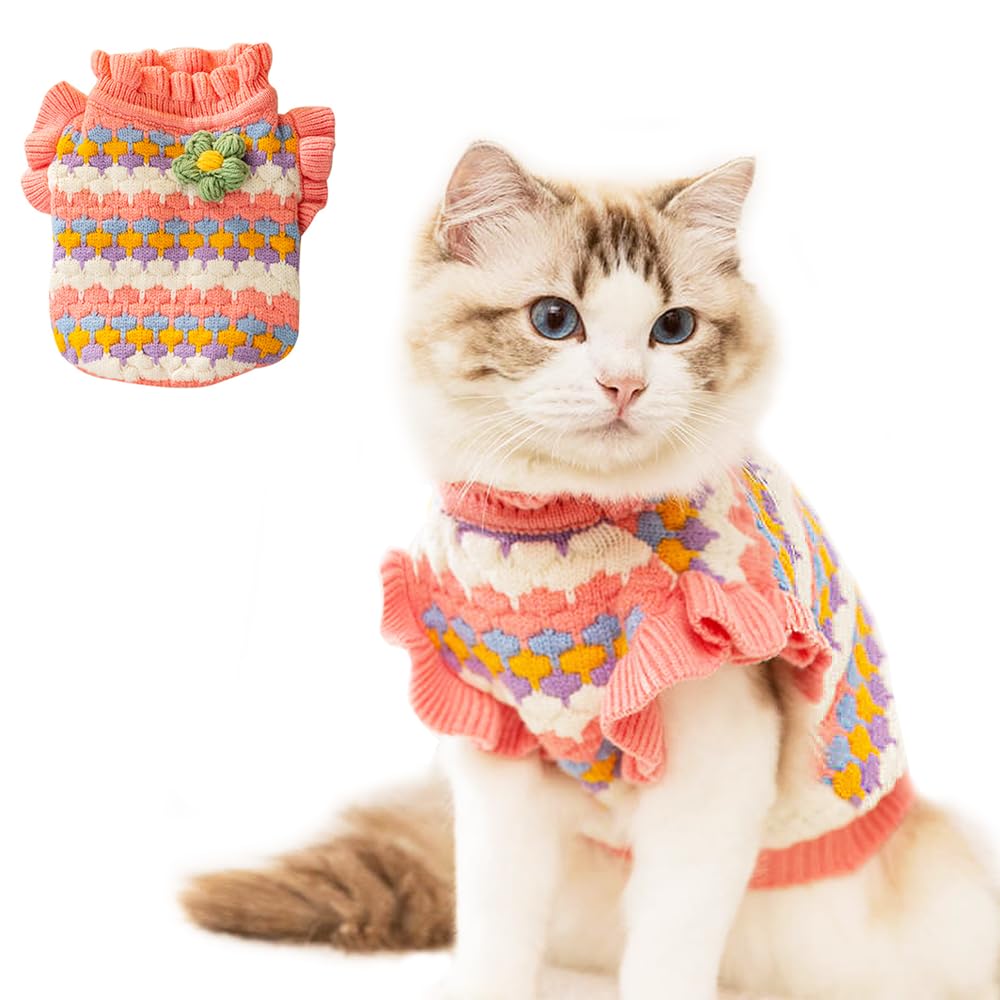 Anelekor Small Dog Sweater, Knitted Tulip Cat Sweater, Warm Thick Holiday Puppy Clothes for Small Dog Girl,Cold Weather Outfit for Kitten Chihuahua Yorkie Teacup Dachshund Pug (Pink, Large)