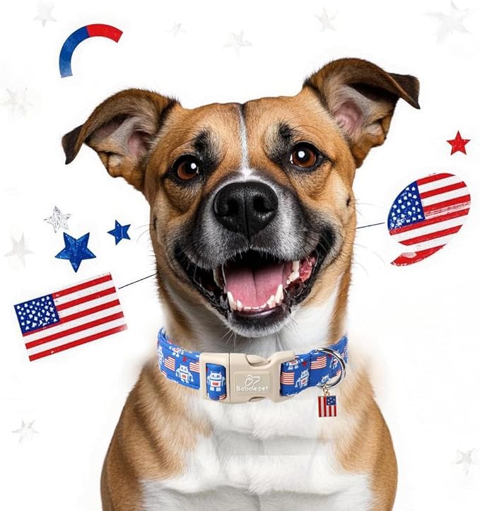 Babole Pet 4th of July Dog Collar, Robot Star-Spangled Patriotic Dog Collars for Small Dogs, Adjustable Lightweight Quick-Release Buckle Collar for Boy&Girl Dogs S