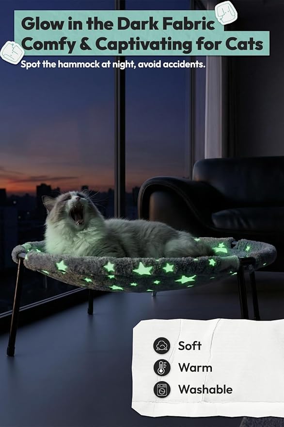 POMESEA Elevated Cat Bed, Glow-in-The-Dark Fabric Cat Hammock Bed for Large Indoor Cats, Machine Washable & Breathable Cover, Tool Free Easy Assembly, up to 66Lbs (Gray, L)