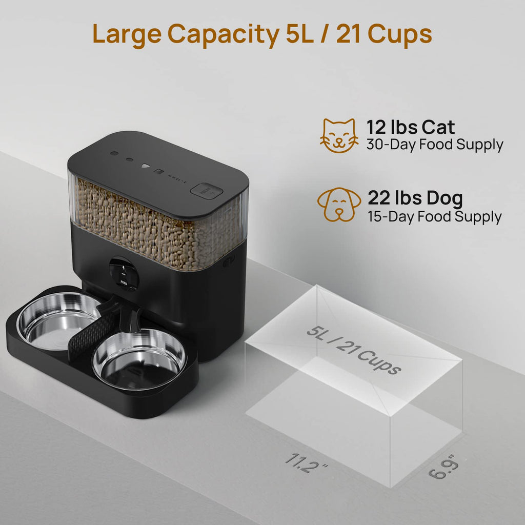 iPettie Automatic WiFi Pet Feeder for 2 Pets, 5L Capacity, 1-10 Meals Per Day, Adjustable Bowl Height, Smart Dog Cat Feeder with 2 Stainless Steel Bowls, 2.4G WiFi App Control for Cats and Small Dogs