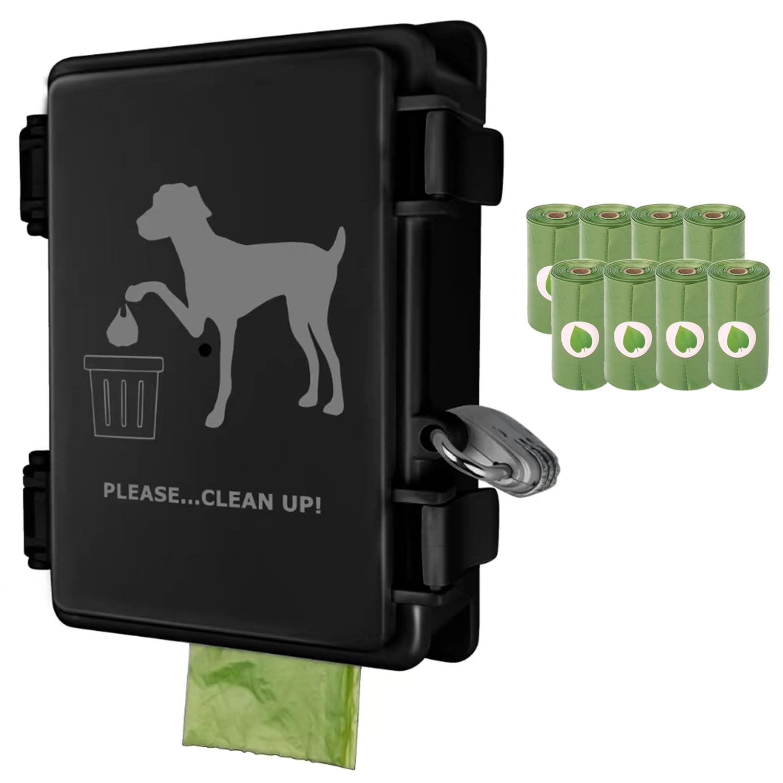 Dog Poop Bag Dispenser Wall Mounted Outside with Lock and 8 Small Rolls, Doggie Bag Holder For Backyard Post, Pole, Fence Mountable fits Home, Commercial Occasion(Black dispenser+8 rolls+lock)