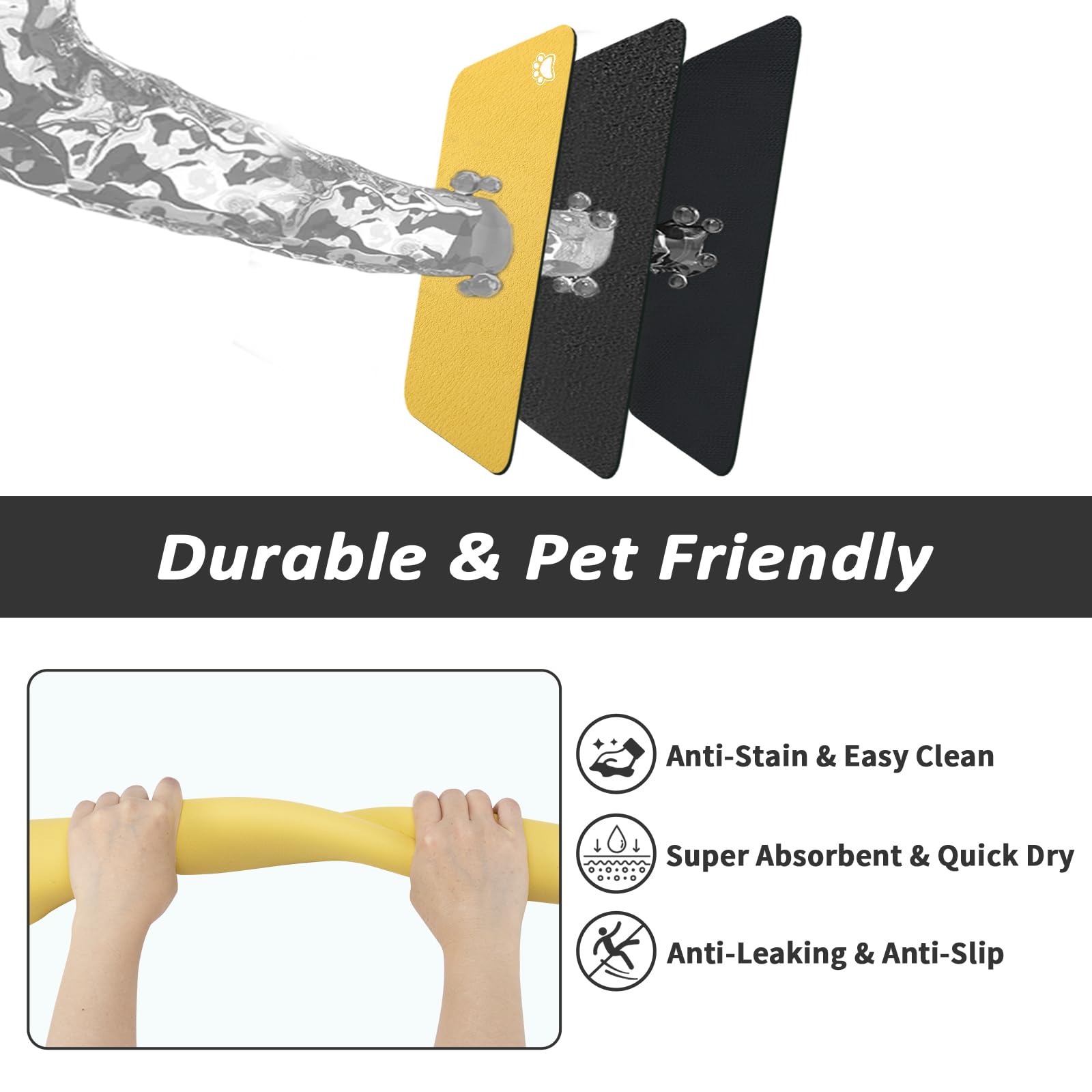 HotLive Dog Food Mat - Absorbent Cat Mat for Food and Water, No Stains Pet Feeding Bowl Mat, Easy to Clean Pet Placemats, Quick Dry Dog Water Dispenser Mat for Messy Drinkers | Paw Yellow 18"x 28"