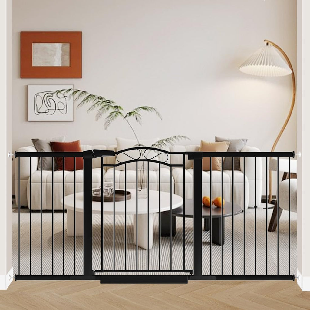 Fairy Baby 57.1"-59.8" Extra Wide Baby Gates with Door, 58 59 Inches Child Gate for Todder Kids, Metal Pressure Mounted Pet Dog Gate, Walk Thru Safety Gate for Doorway Stairs, Black