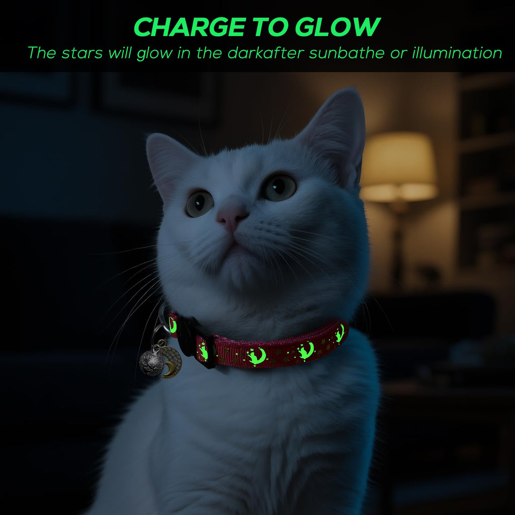 LAFAYI 4 PCS Breakaway Cat Collars with Bell Moons Stars,Kitten Collar and Adjustable with Pendant Glow,Cute Kitty Collar for Girl Boy Cats,Pet Gifts,Accessories(4 Colors)