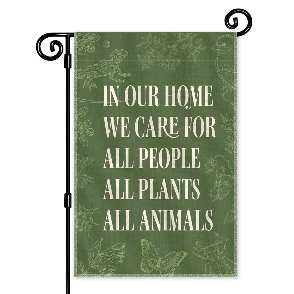 JMYROG In Our Home We Care for All People Plants Animals Garden Flag, Double Sided Yard Outdoor Farmhouse Lawn Porch Decor Banner, Ally Yard Flag, Inclusive Gifts For Family Friend Plant Animal Lover