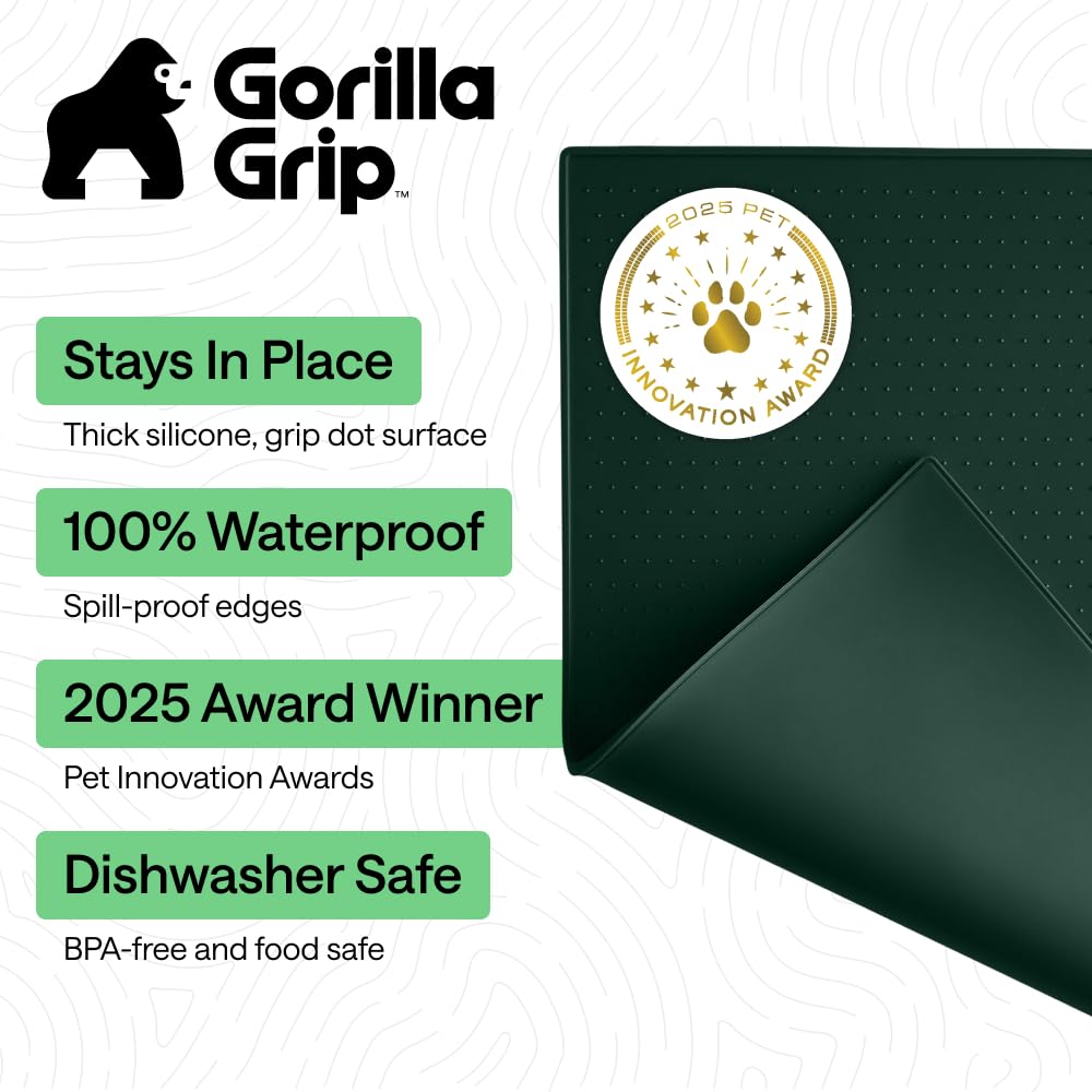 GORILLA GRIP 100% Waterproof Raised Edge BPA Free Silicone Pet Feeding Mat, Dog Cat Food Mats Contain Spills Protects Floors, Placemats for Cats and Dogs Water Bowl, Pets Accessories 16x10, Green