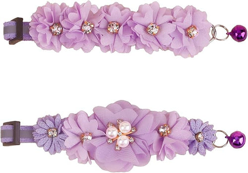 2 Pack Cat Collar Pink Floral with Bell and Removable Flower Bowtie Breakaway Adjustable Cat Collar for Girl Kitten Puppy Small Cats Dogs Daily Decoration (XQ102-3)