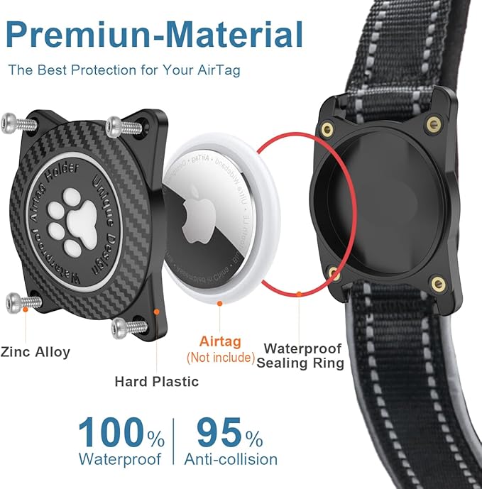 OKVSKO Airtag Dog Collar with Waterproof Air Tag Holder, Luminous Reflective, Soft Padded, Adjustable Nylon Pet Collar for Small Medium Large Heavy Duty Dogs,Black, M
