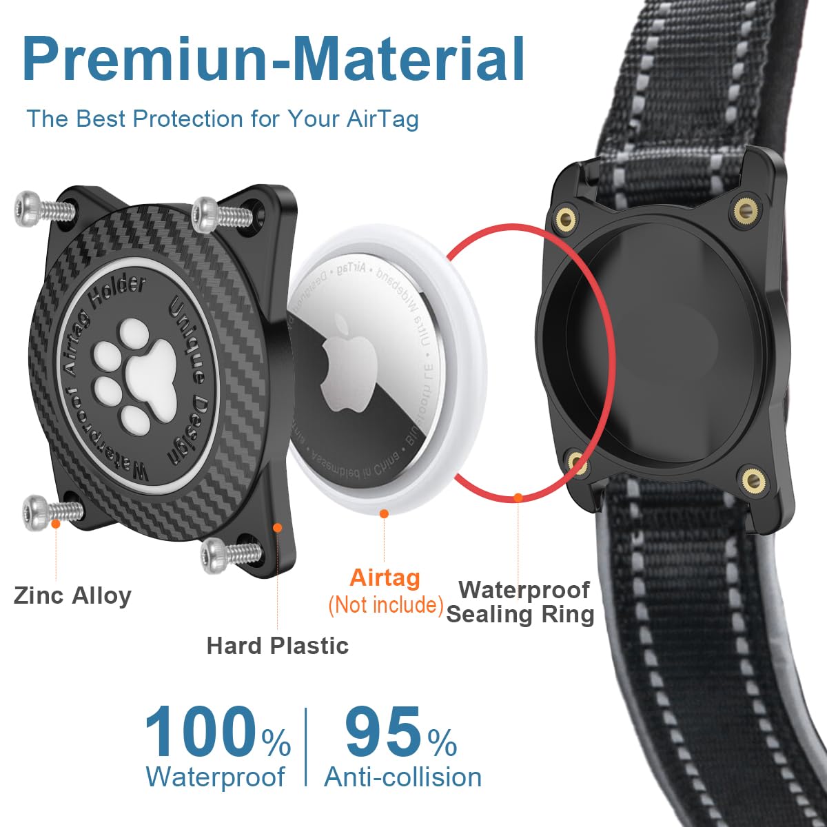 OKVSKO Airtag Dog Collar with Waterproof Air Tag Holder, Luminous Reflective, Soft Padded, Adjustable Nylon Pet Collar for Small Medium Large Heavy Duty Dogs,Black, S