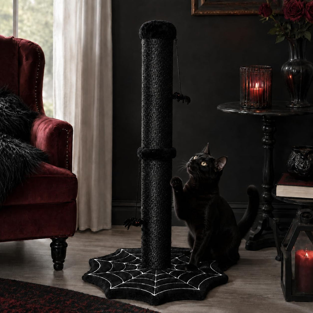 PuzzlePaw Gothic Cat Scratching Post with Spider Toys for Indoor Large Cats