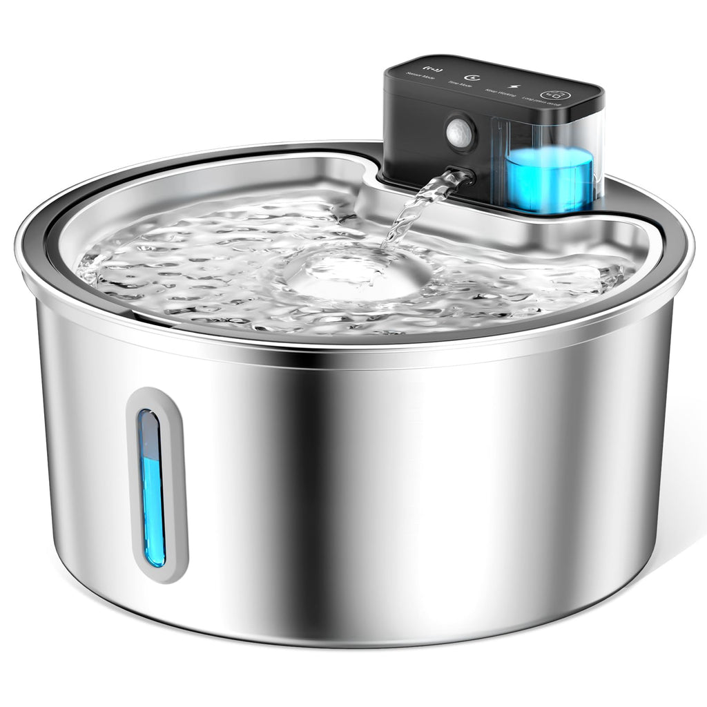 PawPoll Wireless Cat Water Fountain Stainless Steel - 3.2L/108oz Cordless Pet Water Fountain Battery Operated Cat Water Dispenser Ultra Silent Rechargeable Water Fountains for Cats and Dogs