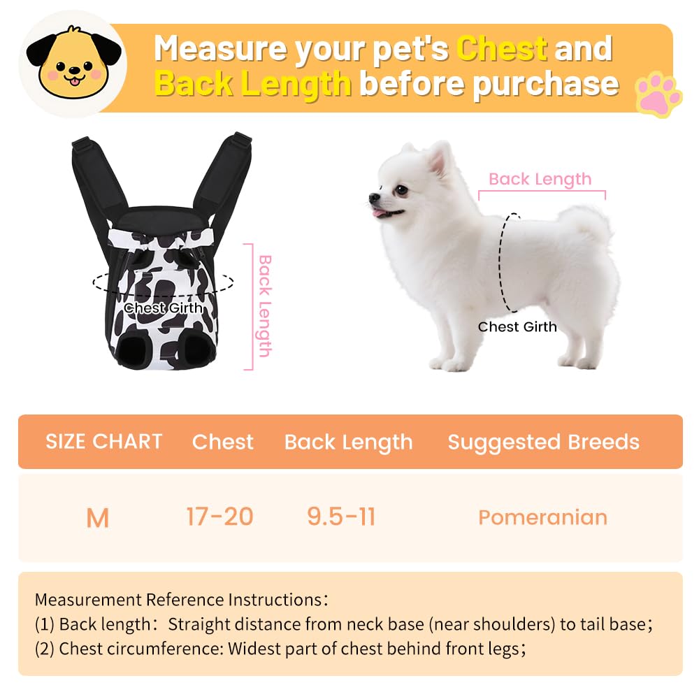 Inspack Dog Backpack Carrier/Cat Carrier, Adjustable Pet Front Carriers Travel Bag for Puppy Medium Dogs, Legs Out, Soft Ventilated Doggie Chest Carry Backpacks for Hiking/Camping, 4-7 lbs, Cow Print