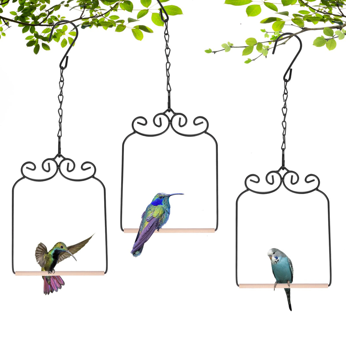 XYADX Metal Frame Hummingbird Swings and Perches with Wooden Dowel Black Bird Swing Outdoor Bird Perch Humming Bird Swing (4PK)