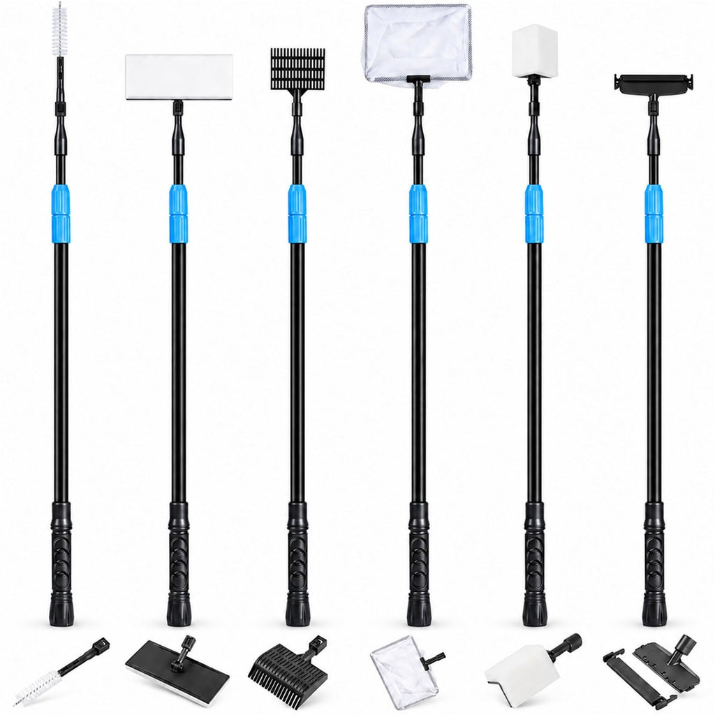 AquaMiracle 6 in 1 Aquarium Cleaning Tool Kit Fish Tank Cleaning Kit for 20-160 Gallon Tank with Telescopic Long Handle, Algae Scraper, Scrubber Pads, Tube Cleaner, Fish net, Gravel Rake