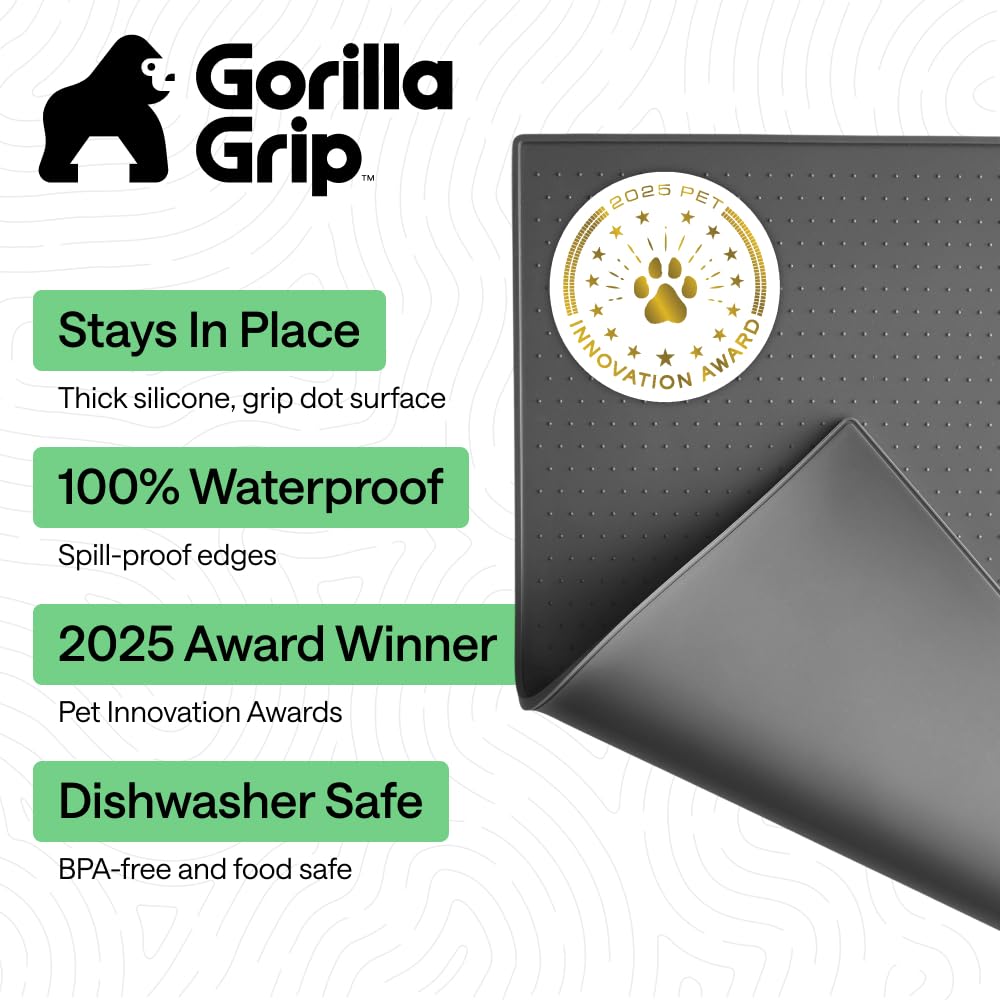 GORILLA GRIP 100% Waterproof Raised Edge BPA Free Silicone Pet Feeding Mat, Dog Cat Food Mats Contain Spills Protects Floors, Placemats for Cats and Dogs Water Bowl, Pets Accessories 16x10, Charcoal