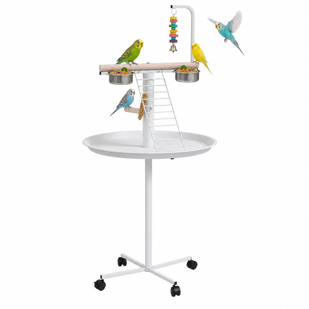 PawHut Bird Stand, Parrot Stand with Wheels, Perches, Stainless Steel Feed Bowls, Round Tray, Bird Play Stand for Indoor Outdoor, White