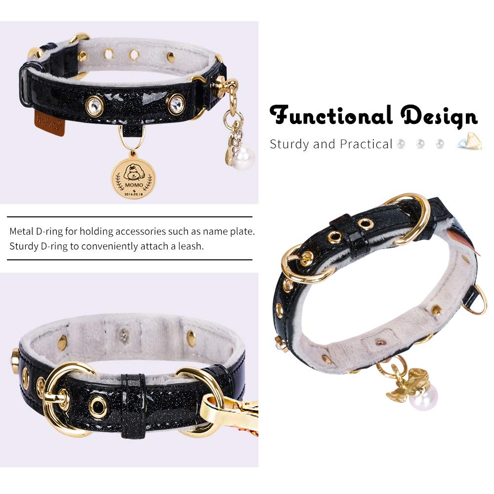 PetsHome Cat Collar, Dog Collar, [Bling Rhinestones] PU Leather Adjustable Pet Collar with Luxury Pendant for Big Cat and Small to Medium Dog Small Black