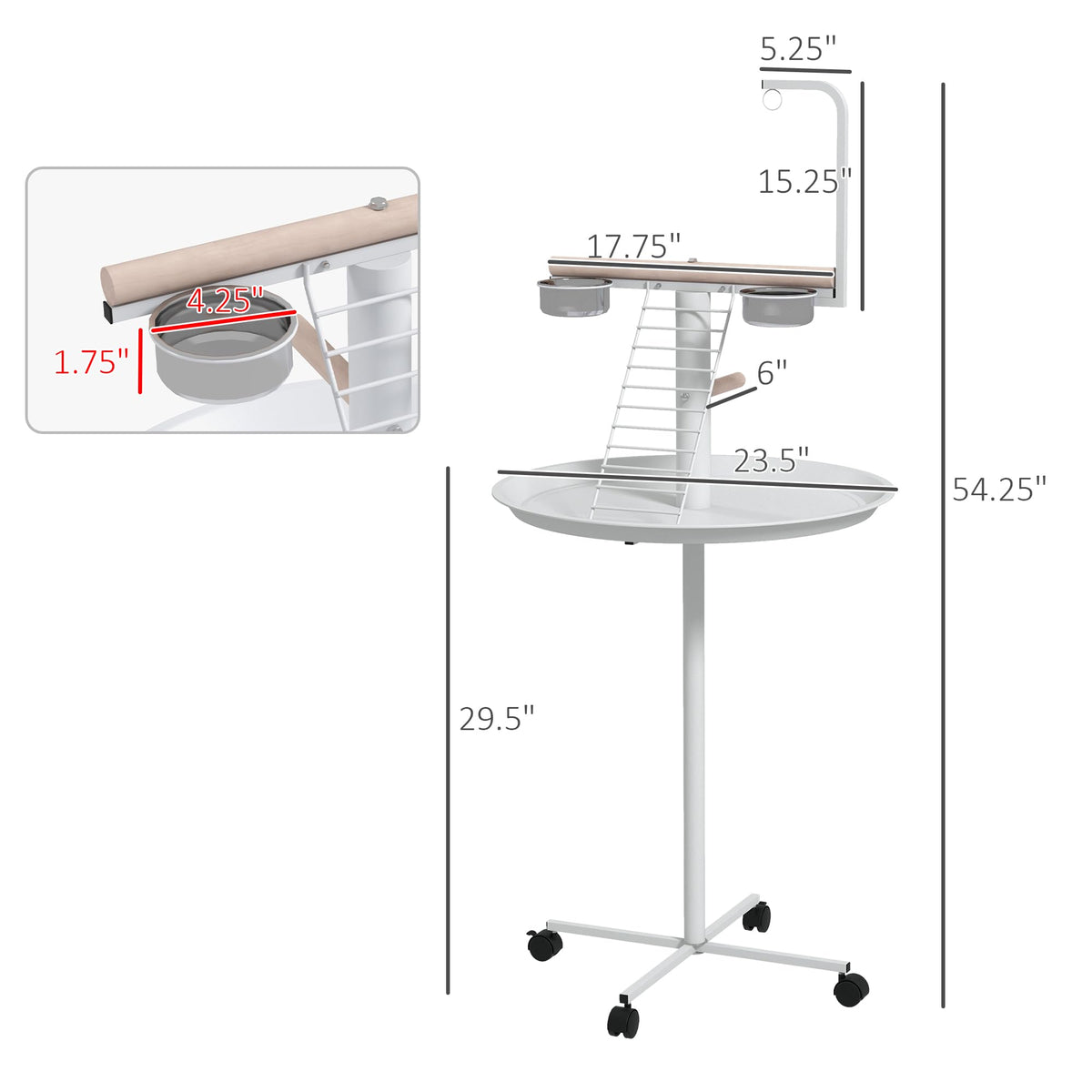 PawHut Bird Stand, Parrot Stand with Wheels, Perches, Stainless Steel Feed Bowls, Round Tray, Bird Play Stand for Indoor Outdoor, White