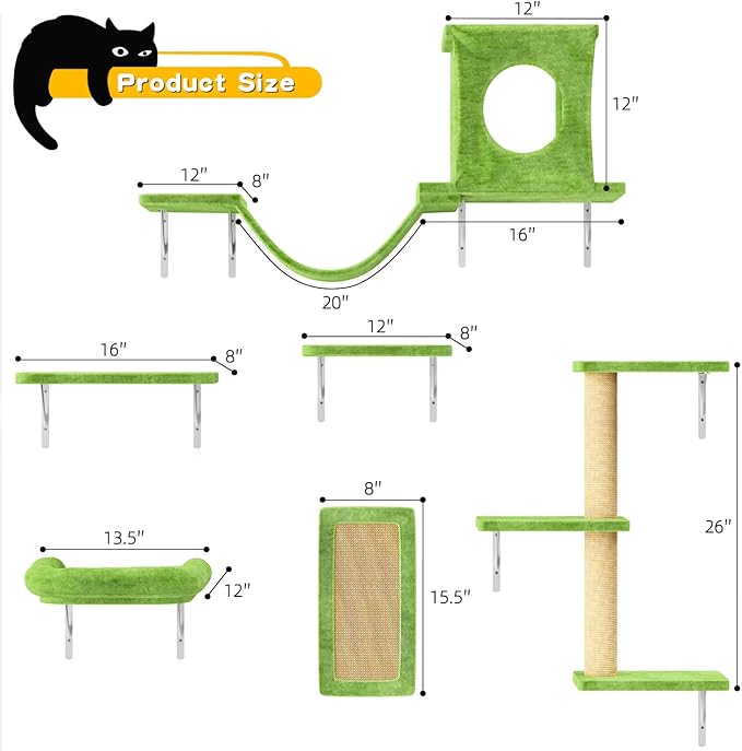 NUNU LAB Cat Wall Shelves, 6 Pcs Luxury Wall-Mounted Cat Climber Set, Green