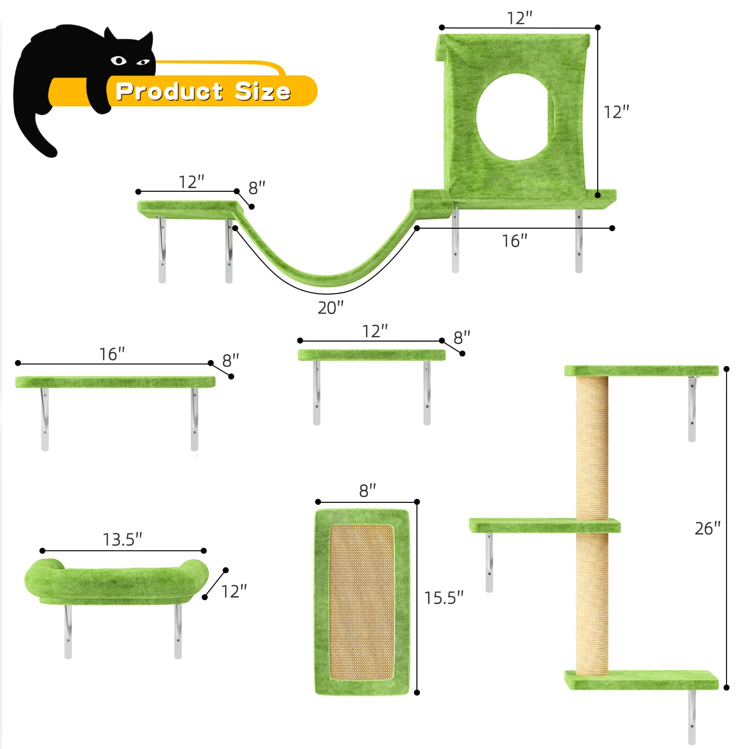 NUNU LAB Wall Mounted Cat Furniture Set - 6 Pcs Climber Set with House, Bridge, Steps, Scratcher Board - DIY Walls Playground, Indoor Cat Shelves - Green