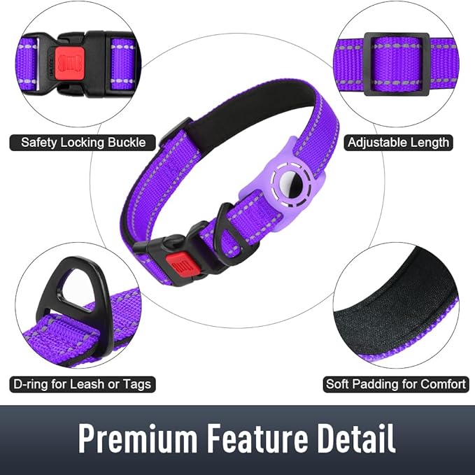 Erbine AirTag Dog Collar with AirTag Holder Compatible for Air Tag, Reflective Soft Padded, Safety Locking Buckle, Adjustable Nylon for Small Medium Large Dogs (Purple,S)