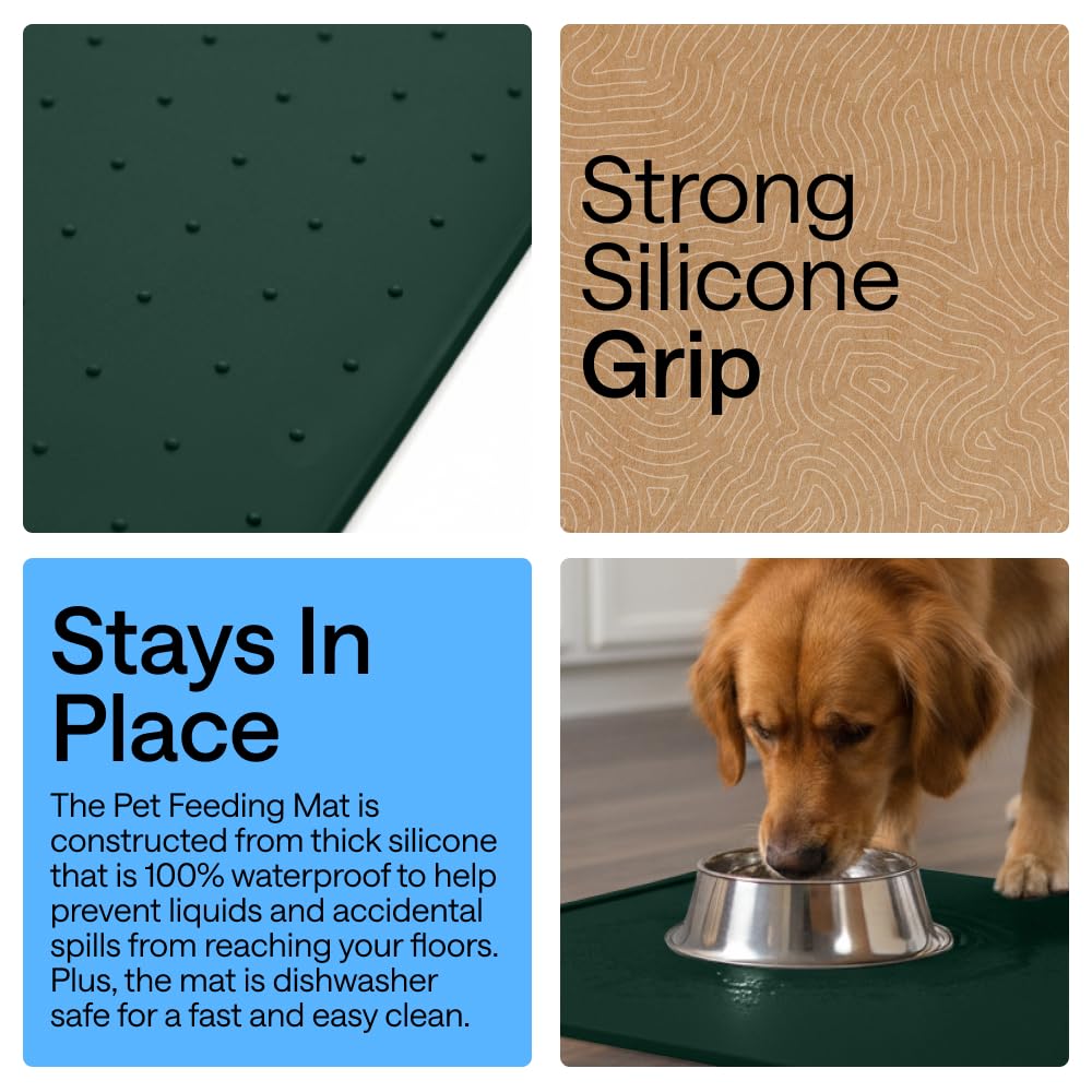 GORILLA GRIP 100% Waterproof Raised Edge BPA Free Silicone Pet Feeding Mat, Dog Cat Food Mats Contain Spills Protects Floors, Placemats for Cats and Dogs Water Bowl, Pets Accessories 16x10, Green