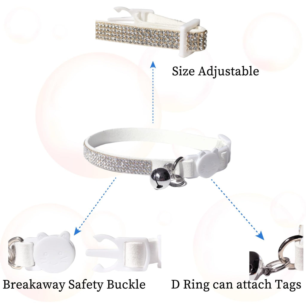 Rhinestone Cat Collar Breakaway Safety Buckle with Bell, Adjustable Diamond Girl Boy Kitty Cute Comfy Collar for Kitten Small Pets Rabbits, 7.5"-11" White