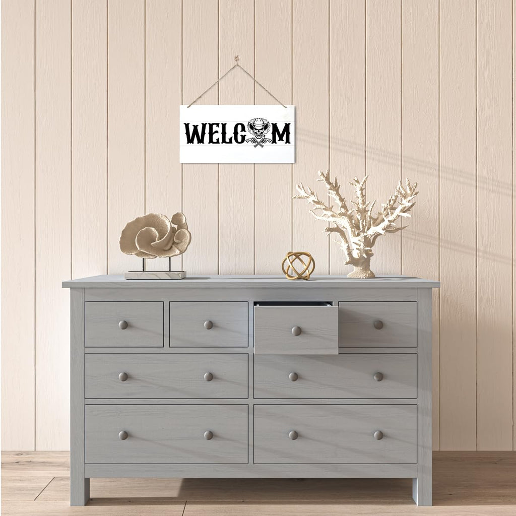 Welcome Sign for Front Door, Welcome Decor Wooden Hanging Sign for Wall Decor, CowBoy Skeleton Pattern Hanging Signs, Funny Wooden Outdoor Front Door Decoration 13.8X6.9 inches