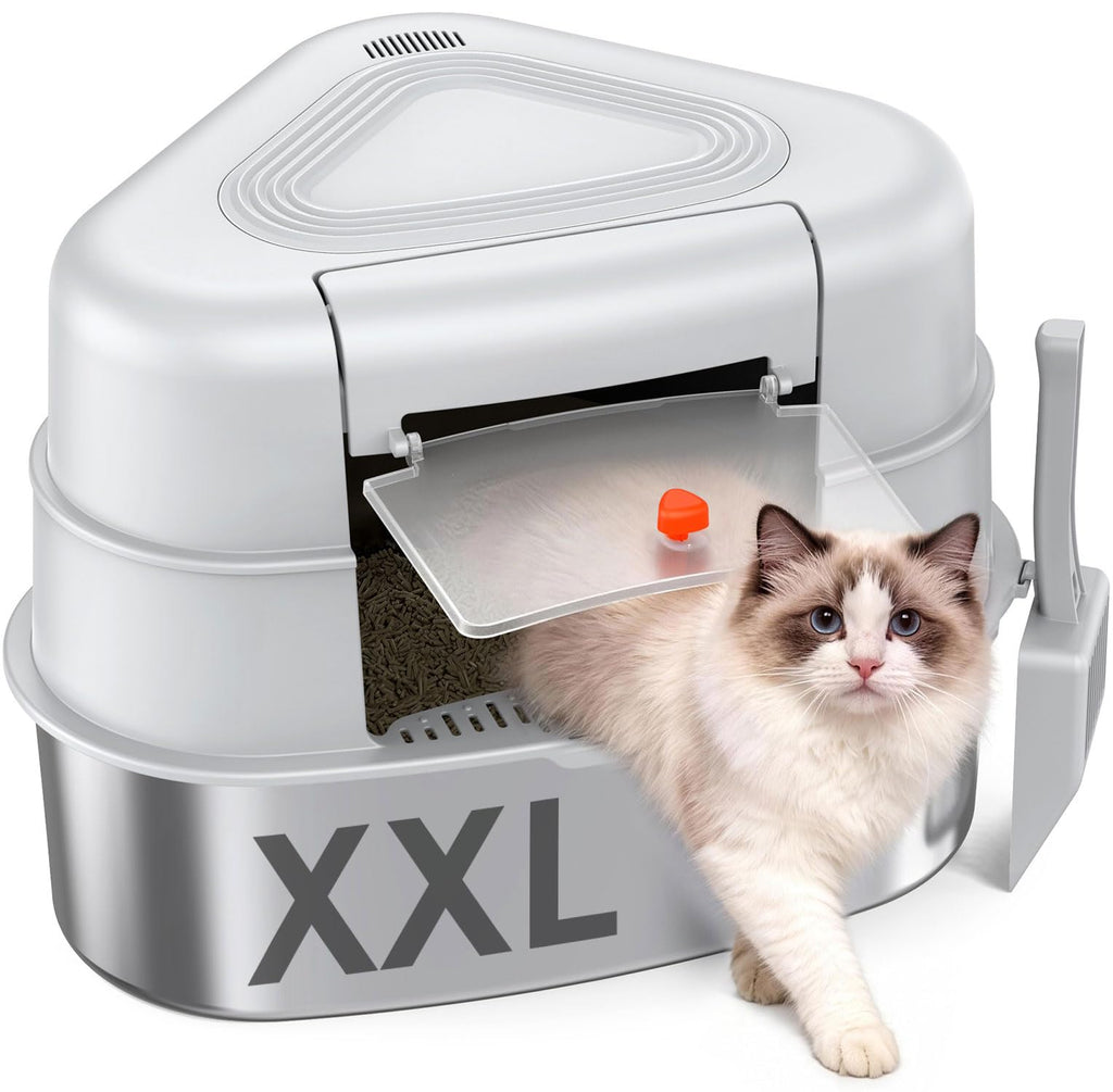 Chumajor XXL Stainless Steel Corner Cat Litter Box with Lid,Grey