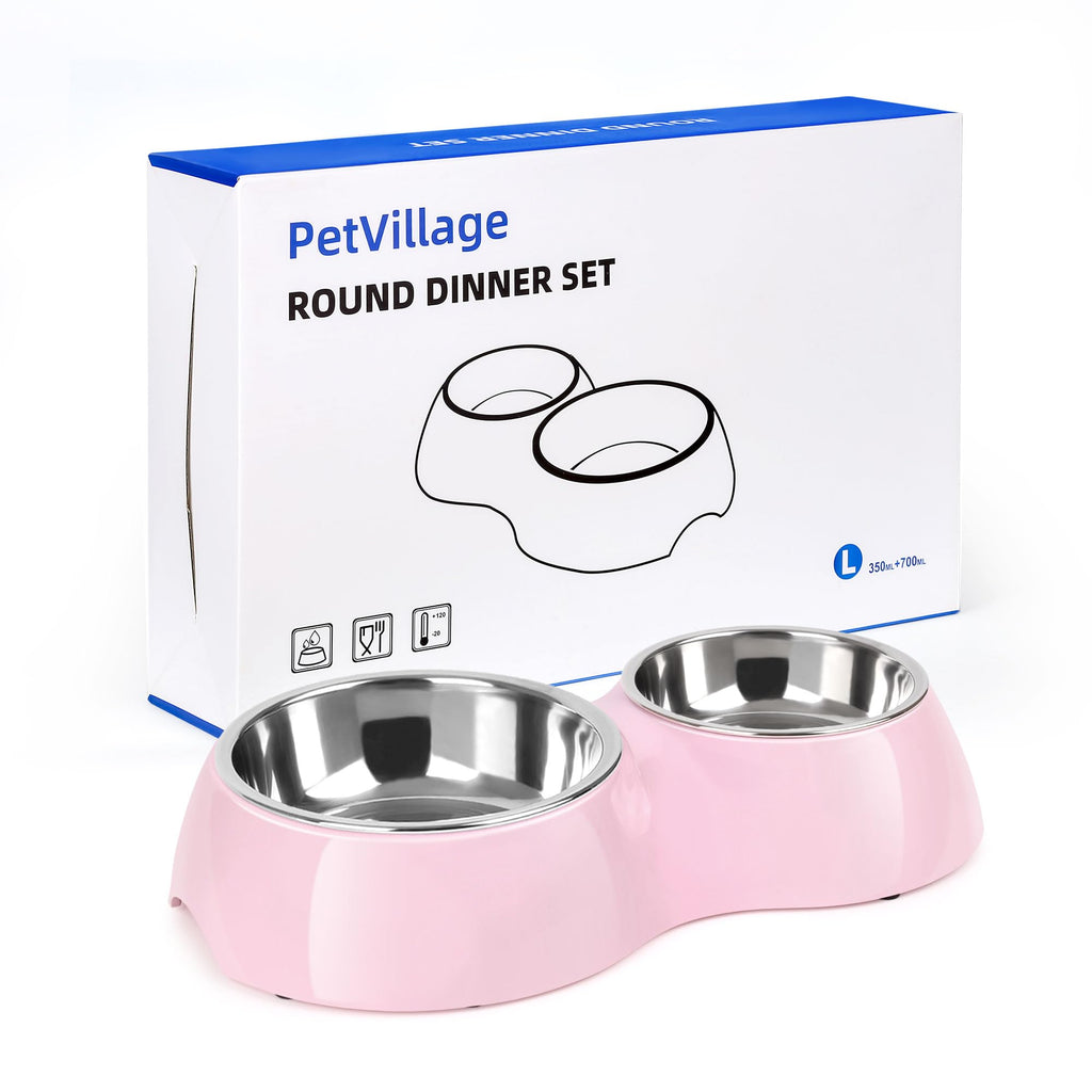 PetVillage Elevated Dog Bowls Set - Non-Slip Raised Pet Feeder with Medium (10 oz) & Large (20 oz) Stainless Steel Bowls - Includes Durable Resin Stand for Corgi Puppies and Adult Cats - Pink