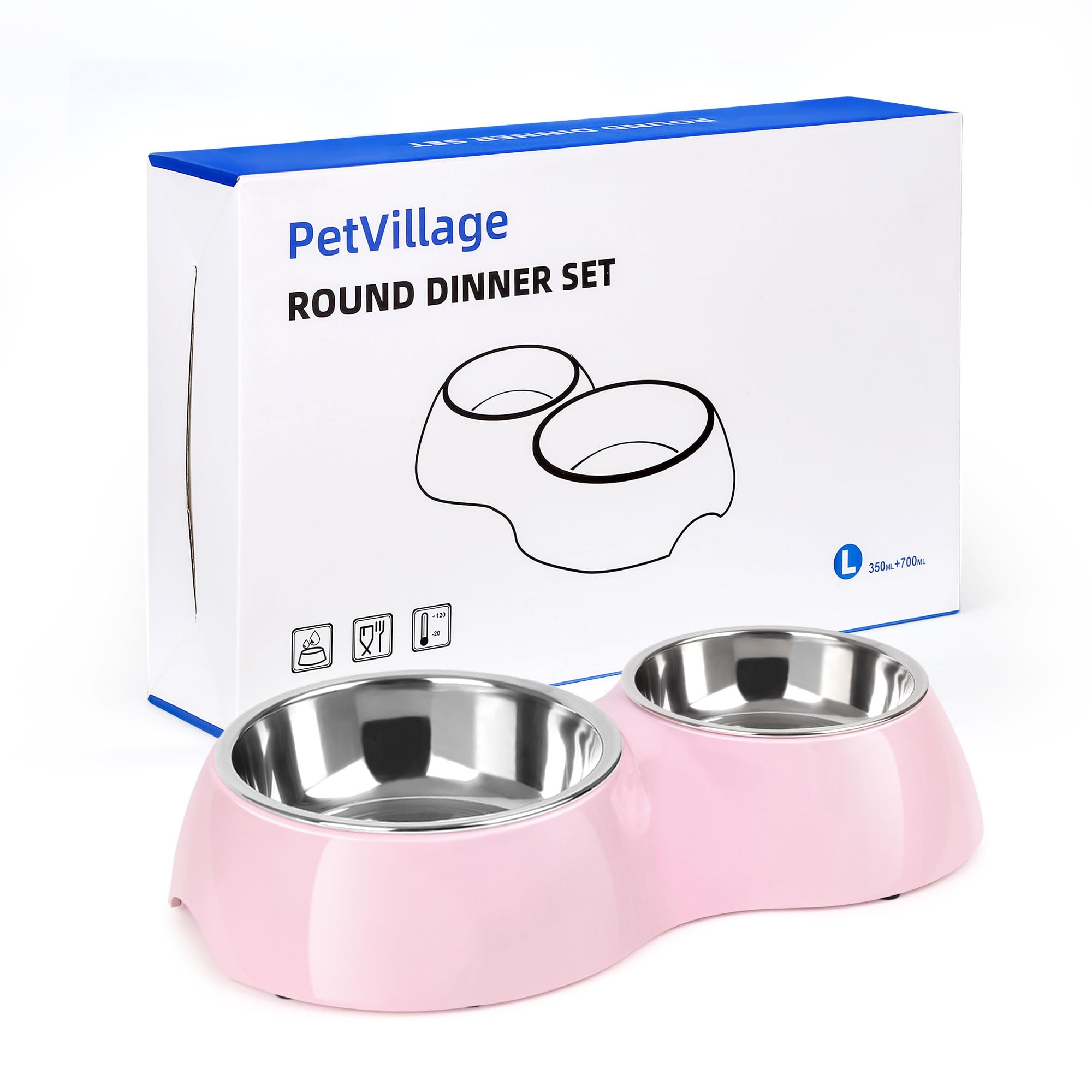 PetVillage Elevated Dog Bowls Set - Non-Slip Raised Pet Feeder with Medium (10 oz) & Large (20 oz) Stainless Steel Bowls - Includes Durable Resin Stand for Corgi Puppies and Adult Cats - Pink
