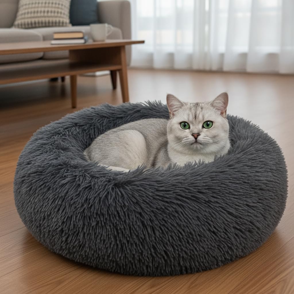 Donut Small Dog Bed, Calming Cat Beds for Indoor Cats, Deep Grey, 13x13x4in