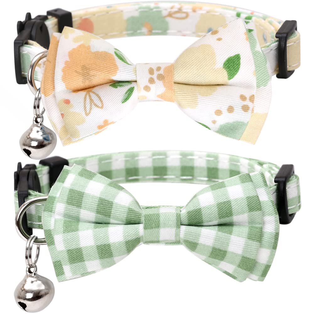 2 Pack Cat Collar Breakaway with Bow Tie and Bell Plaid Flower for Kitty