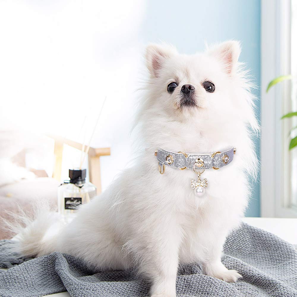 PetsHome Cat Collar, Dog Collar, [Bling Rhinestones] PU Leather Adjustable Pet Collar with Luxury Pendant for Big Cat and Small to Medium Dog Small Silvery