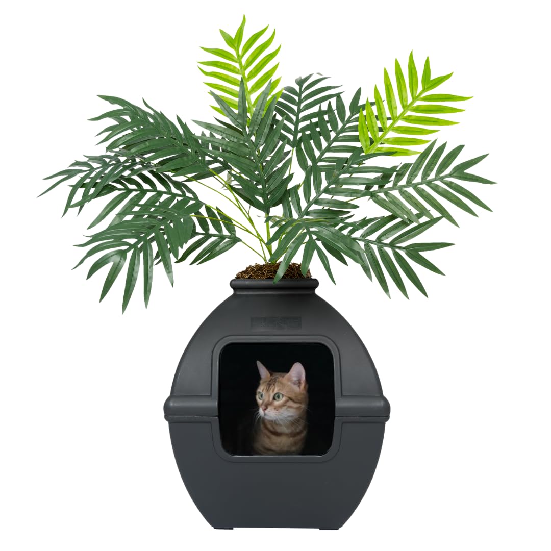 Good Pet Stuff Courtyard Hidden Litter Box Planter, Decorative Cat Litter Enclosure with Carbon Filter, Artificial Palm Plant, Square Design, Easy to Clean, Base Kit, Black Suede