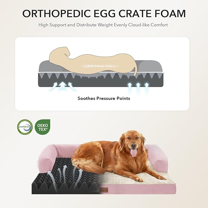 Orthopedic Dog Beds for Extra Large Dogs, Waterproof Egg Crate Foam XL Dog Bed with Sides 45x35Inch, Big Dogs Couch Beds with Removable Washable Cover and Nonskid Bottom, Pink