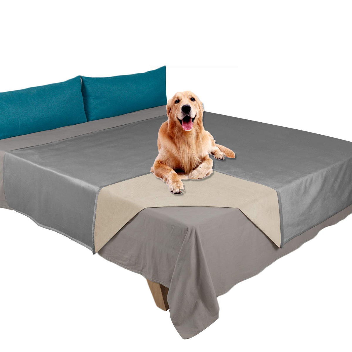Ameritex Pet Bed Blanket Reversible 100% Waterproof Velvet Super Soft for Sofa and Bed (82x102 Inches, Light Grey+Beige)