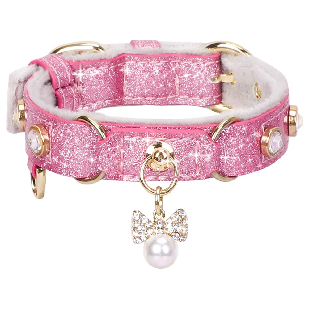 PetsHome Cat Collar, Dog Collar, [Bling Rhinestones] PU Leather Adjustable Pet Collar with Luxury Pendant for Cat and Small Dog Extra Small Pink