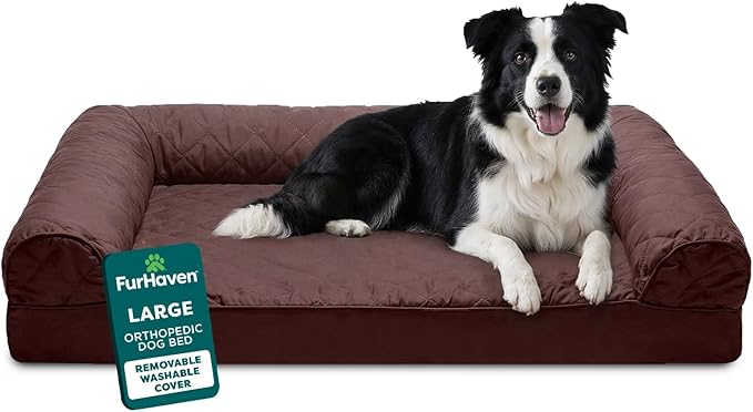 Furhaven Orthopedic Dog Bed for Large/Medium Dogs w/ Removable Bolsters & Washable Cover, For Dogs Up to 55 lbs - Faux Fur & Velvet Sofa - Dark Sage