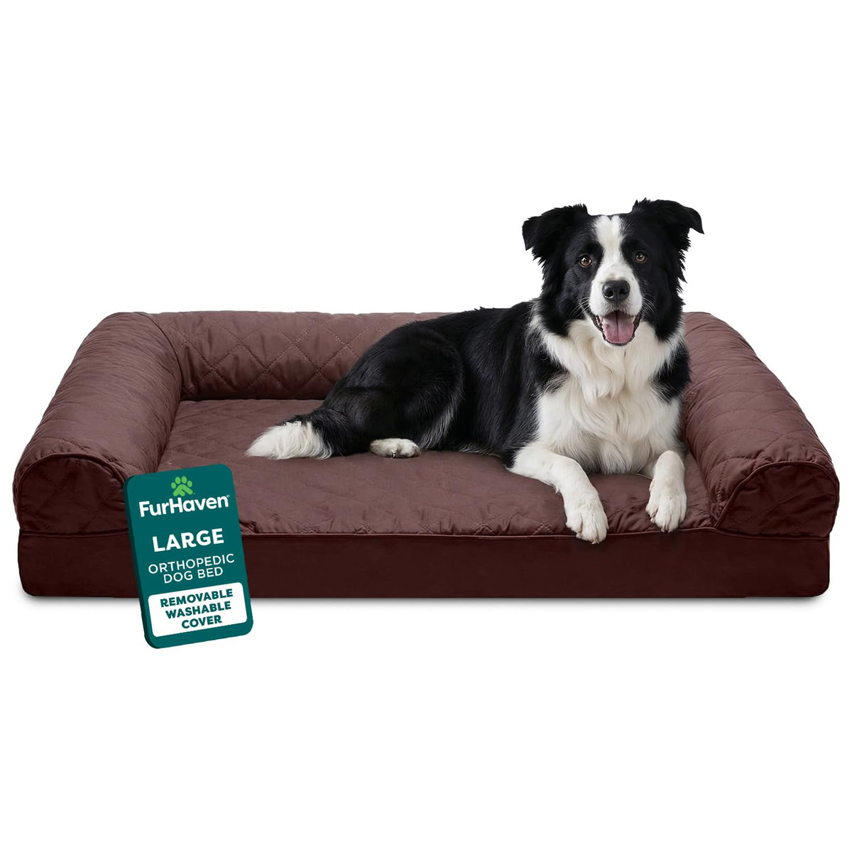 Furhaven Orthopedic Dog Bed for Large/Medium Dogs w/ Removable Bolsters & Washable Cover, For Dogs Up to 55 lbs - Faux Fur & Velvet Sofa - Dark Sage, Large