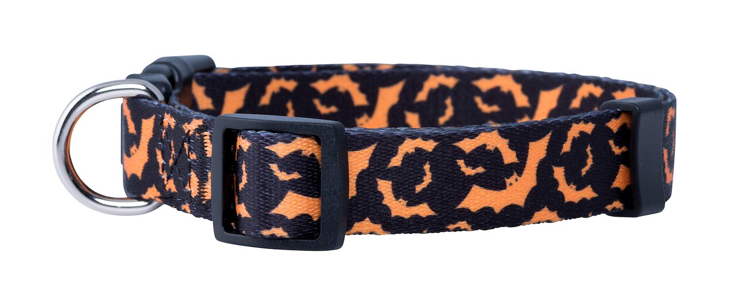 Native Pup Halloween Dog Collar- Spooky Fall Themed Horror Costume Collars- Skull, Pumpkin, Ghost, Bat, Witch, Candy Corn, Spider- Adjustable for Small, Medium, Large Breeds (Medium, Orange Bats)
