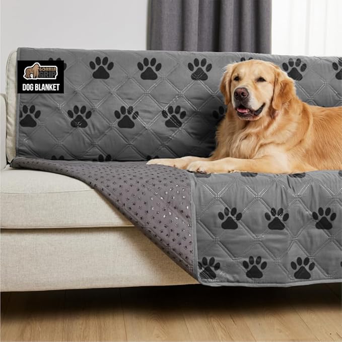 GORILLA GRIP Waterproof Couch Cover for Dogs, Gripped Slip Resistant Backing, Leak Proof Washable Dog Blanket Covers Sofa, Bed, Sectional, Crate, Car, RV Seats, Pet Puppy Essentials, 50x40 Gray Paw