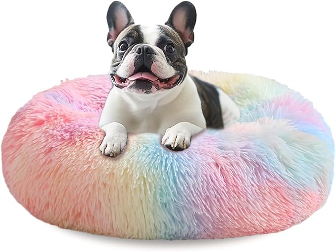 JOLLYVOGUE Calming Dog Bed for Small Dogs - 23 inches Donut Washable Small Dog Bed for Kittens & Puppies, Anti-Slip Round Fluffy Plush Faux Fur Cat Beds (Fits up to 25 lbs Pets