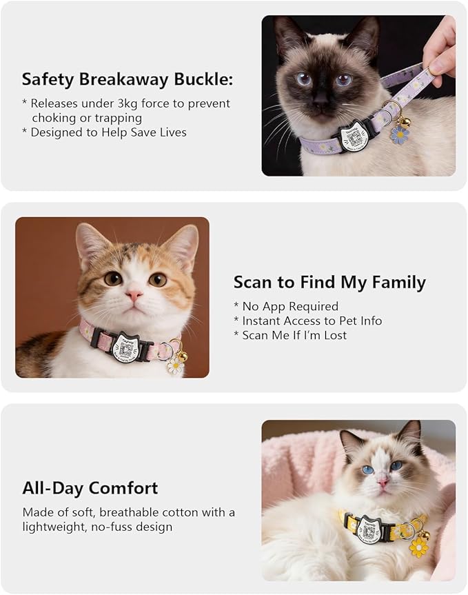 4 Pack-QR Code Cat Collar Breakaway Safe - Cotton Reflective Kitten Collar with Bell & Floral Pendant, Pink Purple Flowers Design, Customizable Online Pet ID for Lost Cats,Flower Pendan