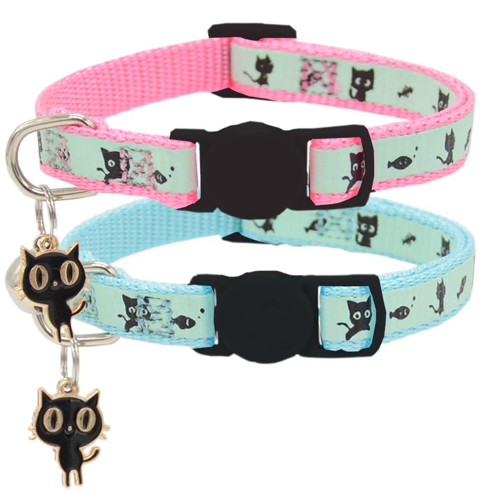 2 Pack Glow in The Dark Cat Collar with Bell Breakaway Safety Cat Puppy Collars with Pendant Black and Pink