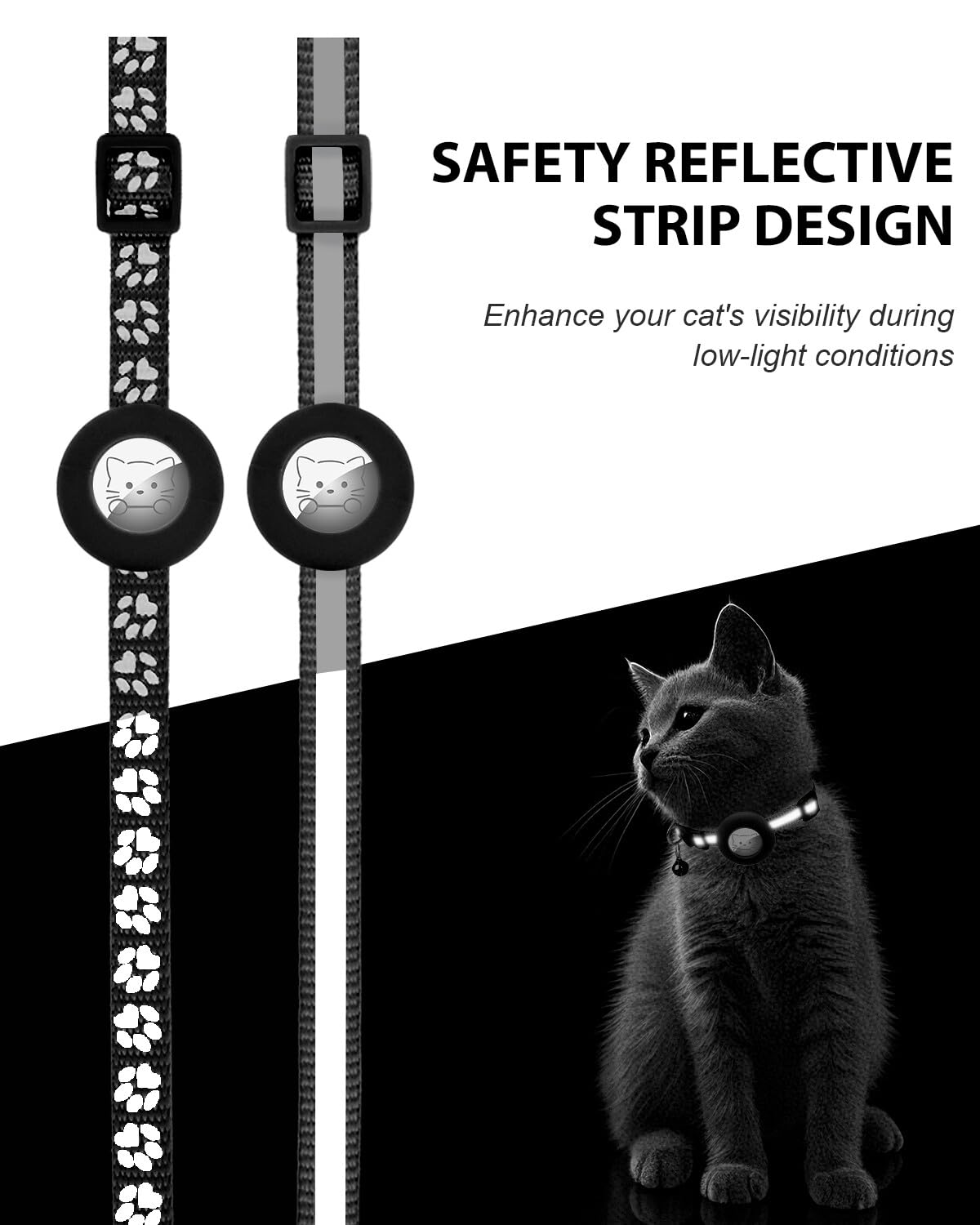 Joytale 2 Pack Reflective Airtag Cat Collars with Breakaway Buckle, Black