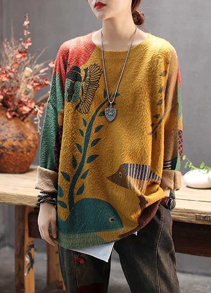 YESNO Women Christmas Sweater Graphic Printed Oversized Pullover Sweaters Casual Loose Knit Tops XL S01 CR19