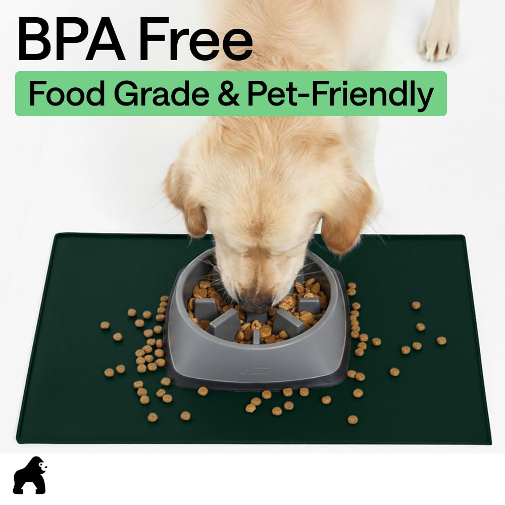 GORILLA GRIP 100% Waterproof Raised Edge BPA Free Silicone Pet Feeding Mat, Dog Cat Food Mats Contain Spills Protects Floors, Placemats for Cats and Dogs Water Bowl, Pets Accessories 16x10, Green