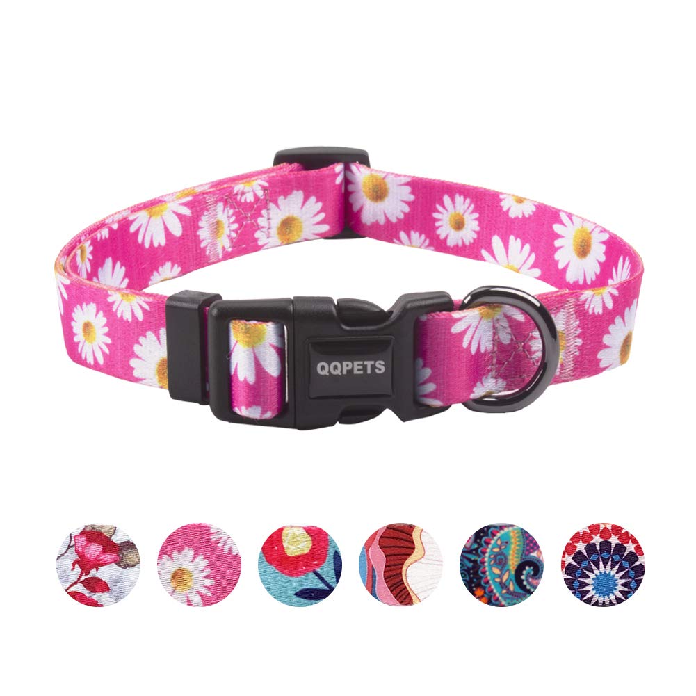 QQPETS Adjustable Soft Dog Collar: Print Flower Pink Multicolor Cute Patterns for XS Small Medium Large Pet Girl Boy Puppy Walking Running Training (XS, Small Daisies)