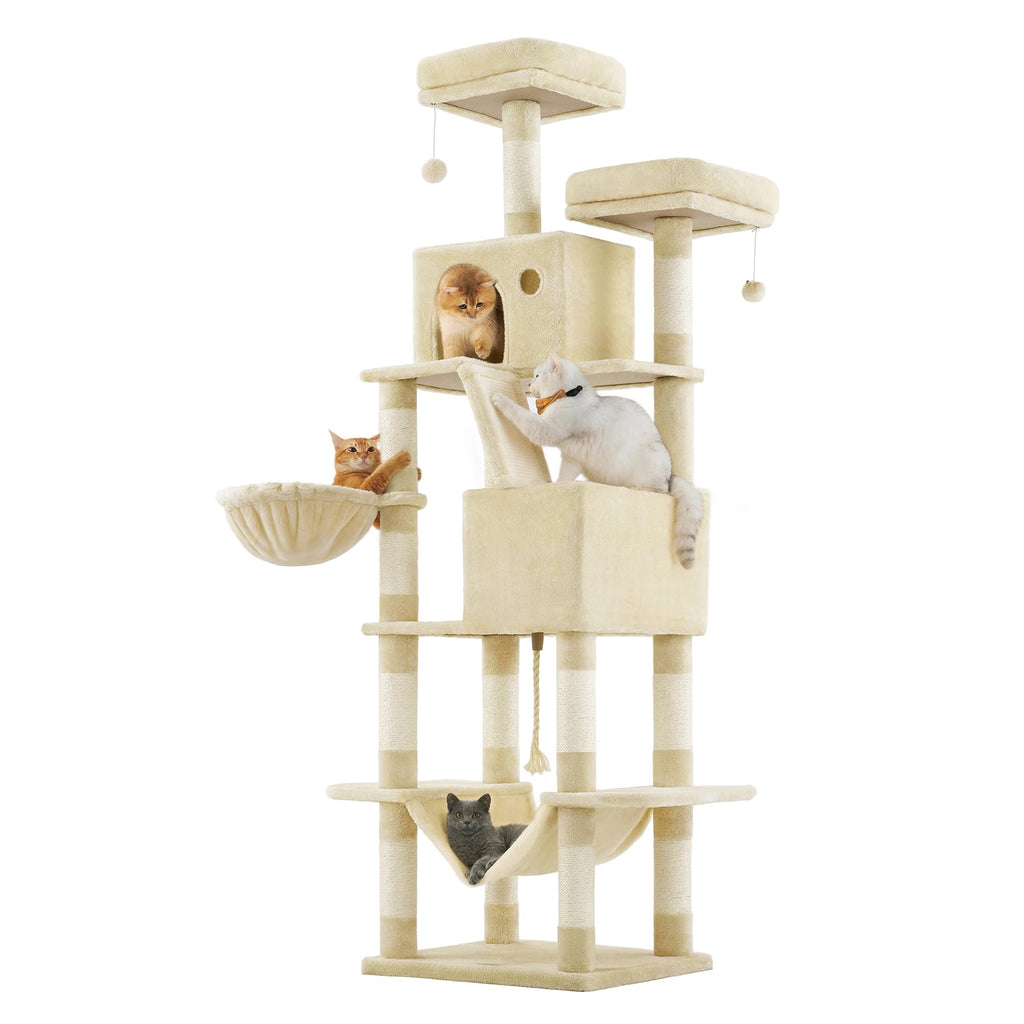 Feandrea Cat Tree, 81.1-Inch Large Cat Tower, Multi-Level Plush Condo with 13 Scratching Posts, 2 Perches, 2 Caves, Basket, Hammock, Pompoms, Beige UPCT190M01